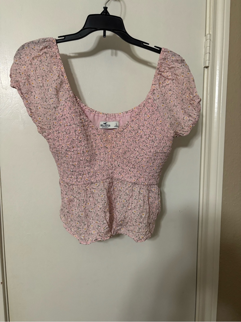 Hollister Light Pink Floral Smocked Peplum Blouse